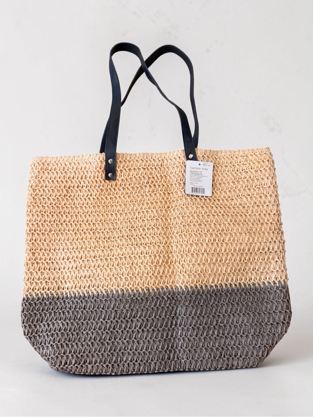 Two-Tone Straw Tote in Beige and Gray with Black Handles